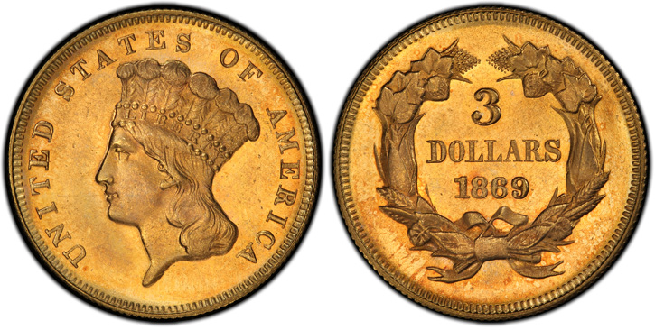 1869 Three-Dollar Gold Piece. MS-65 (PCGS).